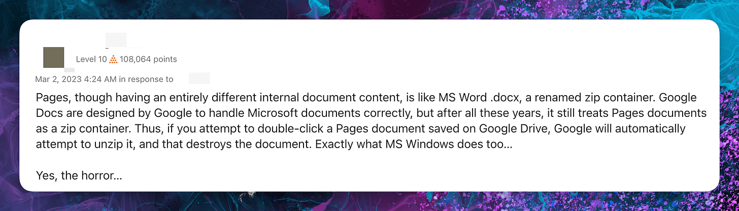 Screenshot of an Apple Support discussion on the problems of saving Pages documents on Google Drive