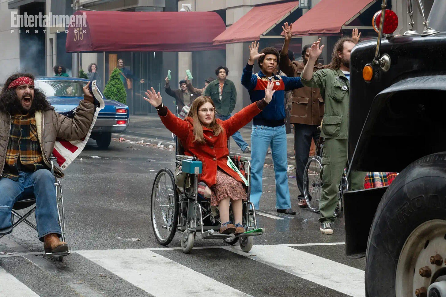 Ruth Madeley as Judy in Being Heumann protesting in the street.