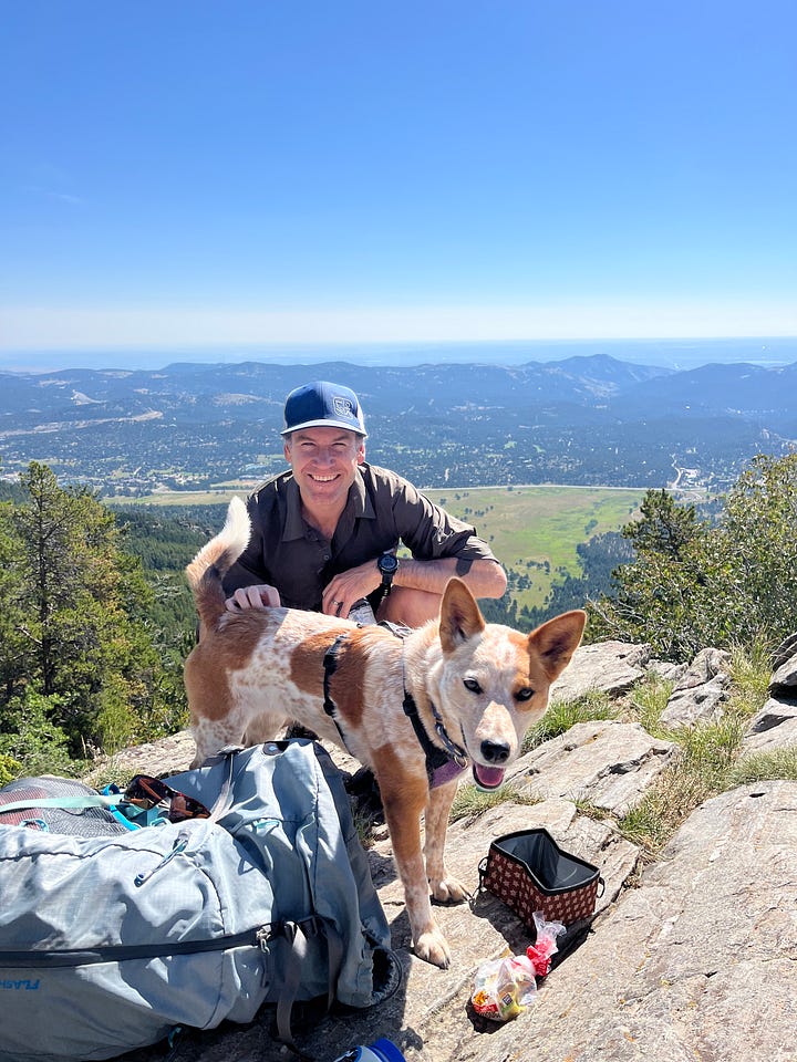 A man and dog on a rock overlook and another dog resting by a rock