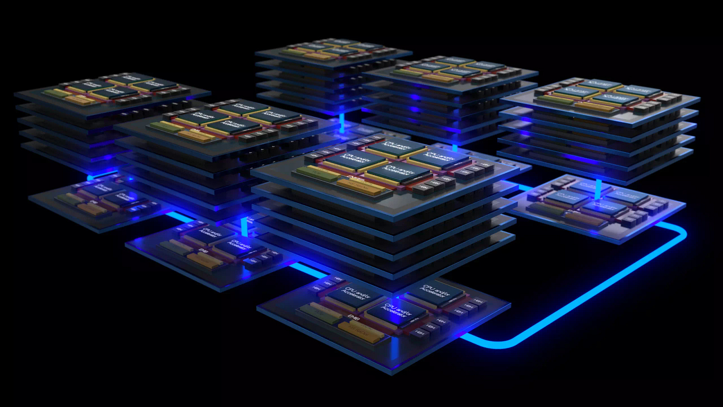 A rendering depicting a system of chips made up of multiple chiplet-based systems on chips A rendering depicting a system of chips made up of multiple chiplet-based systems on chips