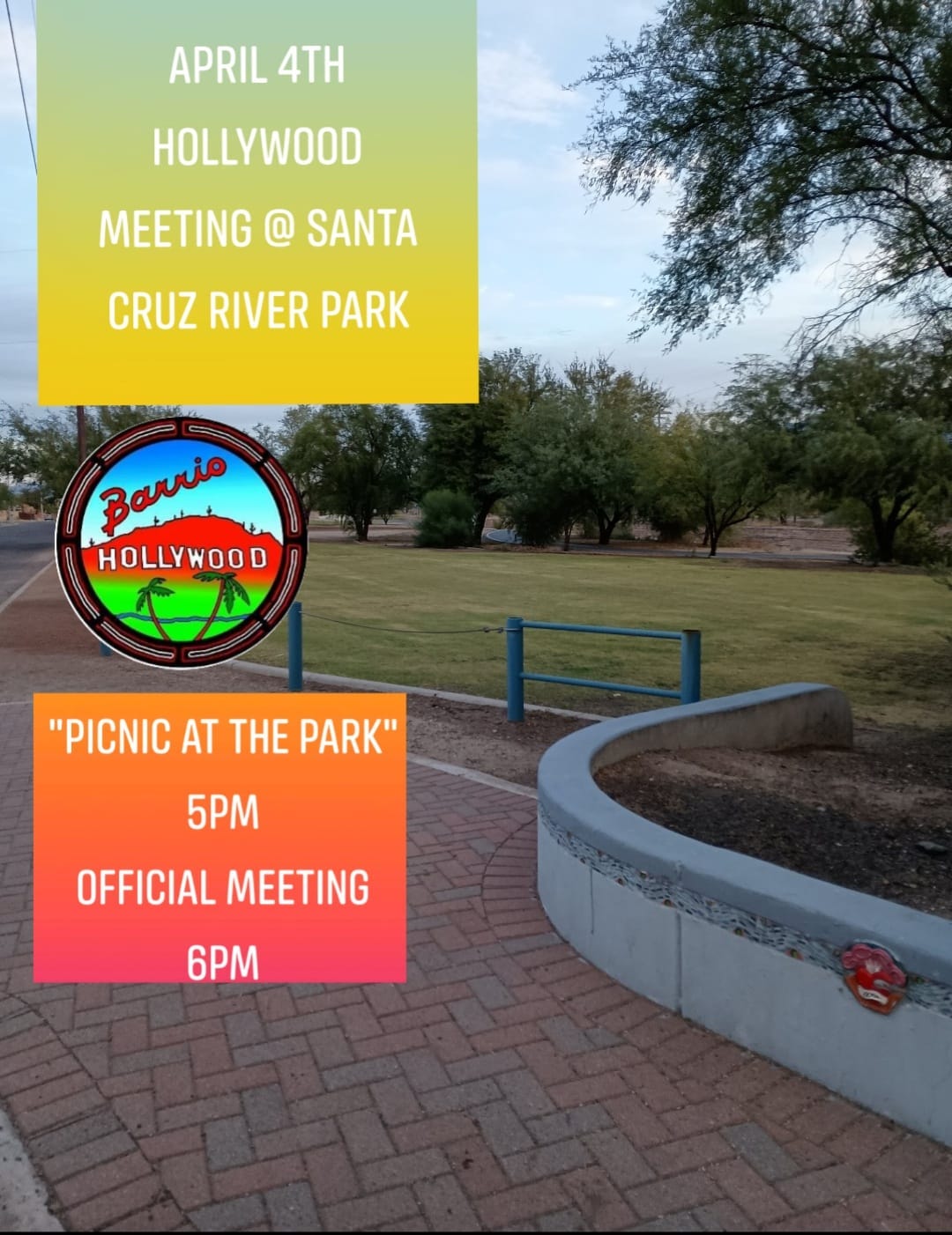 May be an image of skateboard and text that says 'APRIL 4TH HOLLYWOOD MEETING @ SANTA CRUZ RIVER PARK Bario HOLLYWOOD "PICNIC AT THE PARK" 5PM OFFICIAL MEETNG 6PM'