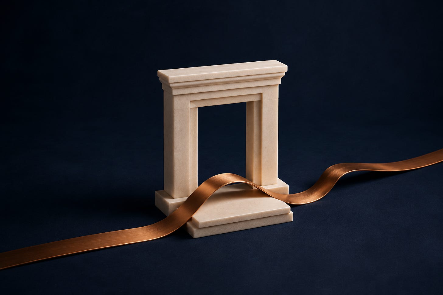 Editorial illustration of a copper ribbon crossing the sill of an ivory doorway on a dark navy surface. Editorial illustration of a copper ribbon crossing the sill of an ivory doorway on a dark navy surface.