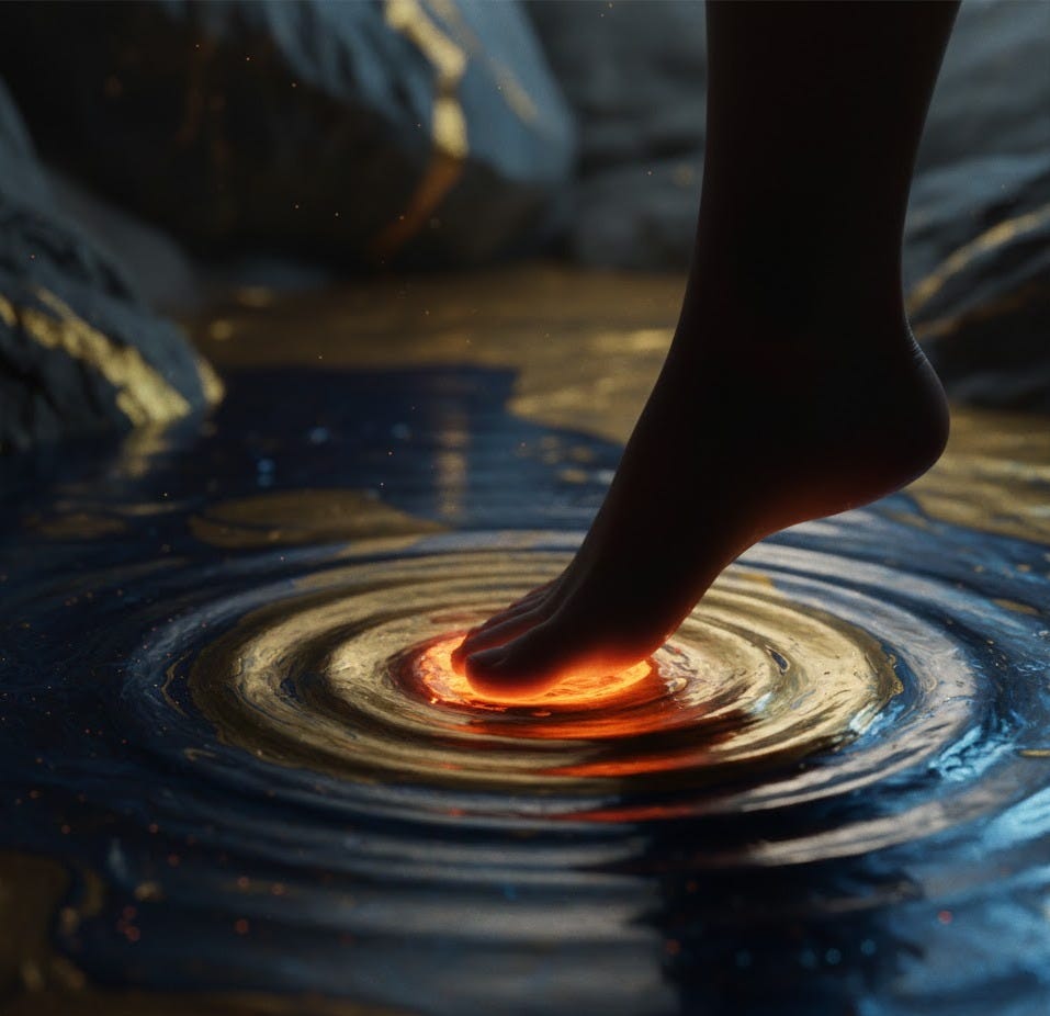 A minimalist, high-resolution image showing a bare human toe dipping into a shimmering pool of dark blue and gold water. An intense, ominous orange-red light glows brightly from the exact point of contact, creating concentric, mesmerizing ripples that spread outward. The atmosphere is natural yet mystical, hinting at a hidden danger beneath the surface. Only the foot and the water are visible, with no text.