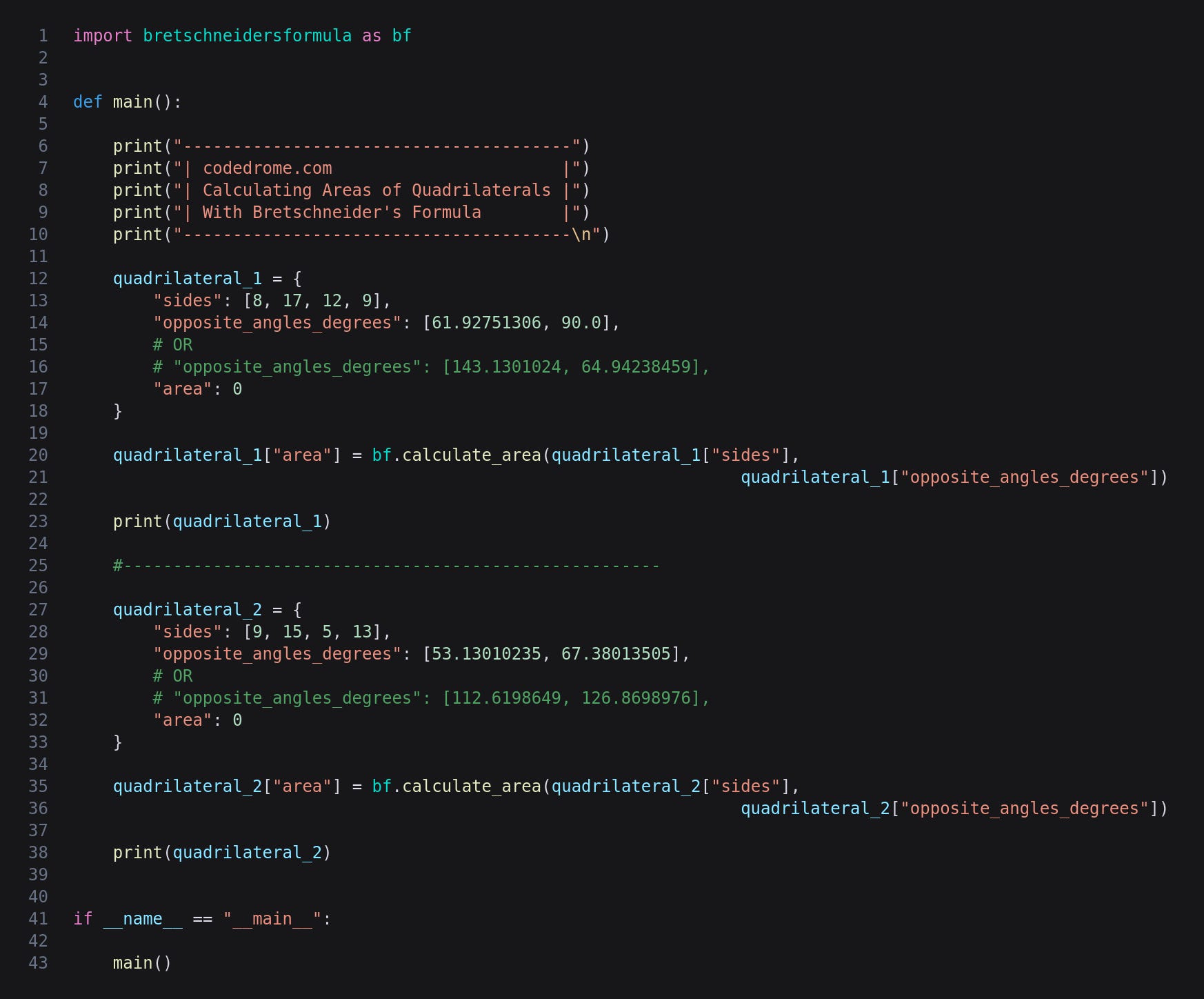 Areas of Quadrilaterals with Bretschneider's Formula in Python