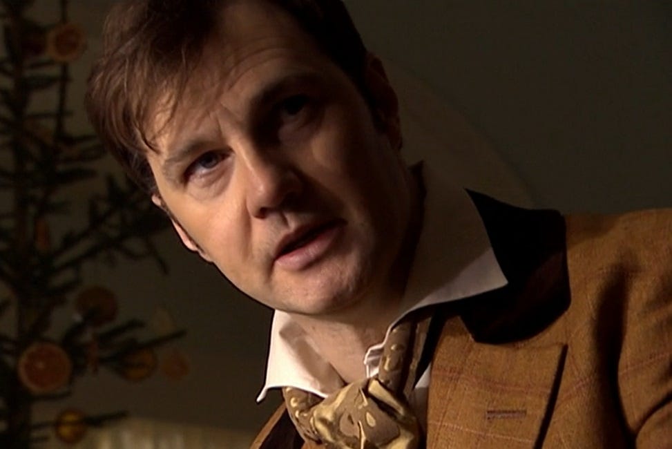 A middle-aged white man (David Morrissey) in the dress of a Victorian gentleman seen in a skewed profile with a Victorian Christmas tree behind him A middle-aged white man (David Morrissey) in the dress of a Victorian gentleman seen in a skewed profile with a Victorian Christmas tree behind him