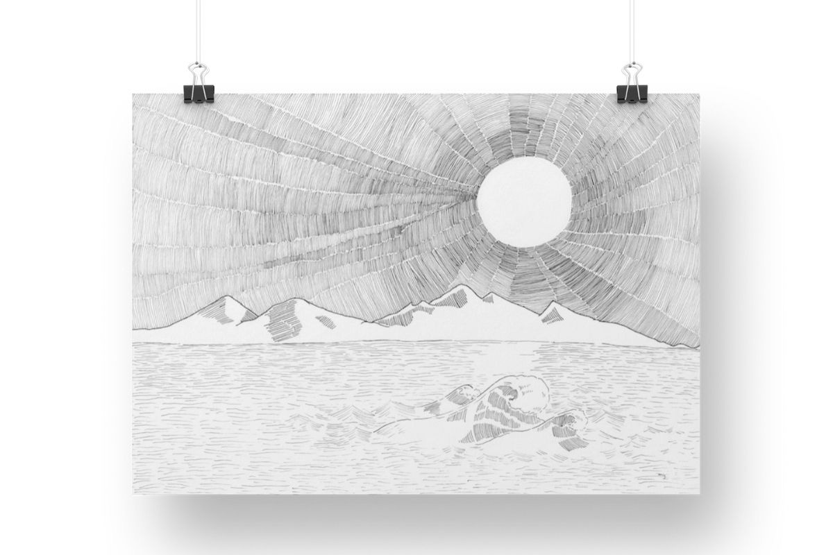 Line drawing with black fine liner pen of landscape with sun, mountains, sea and waves. The sun rays are made up of thousands of lines. The mountain provides a visual break to the lines of the sun and a connector to the sea. On the forefront, three waves with foam are seen. The waves signify the difficult situations in life. But the over encompassing sun holds and maintain control over everything—just like God.