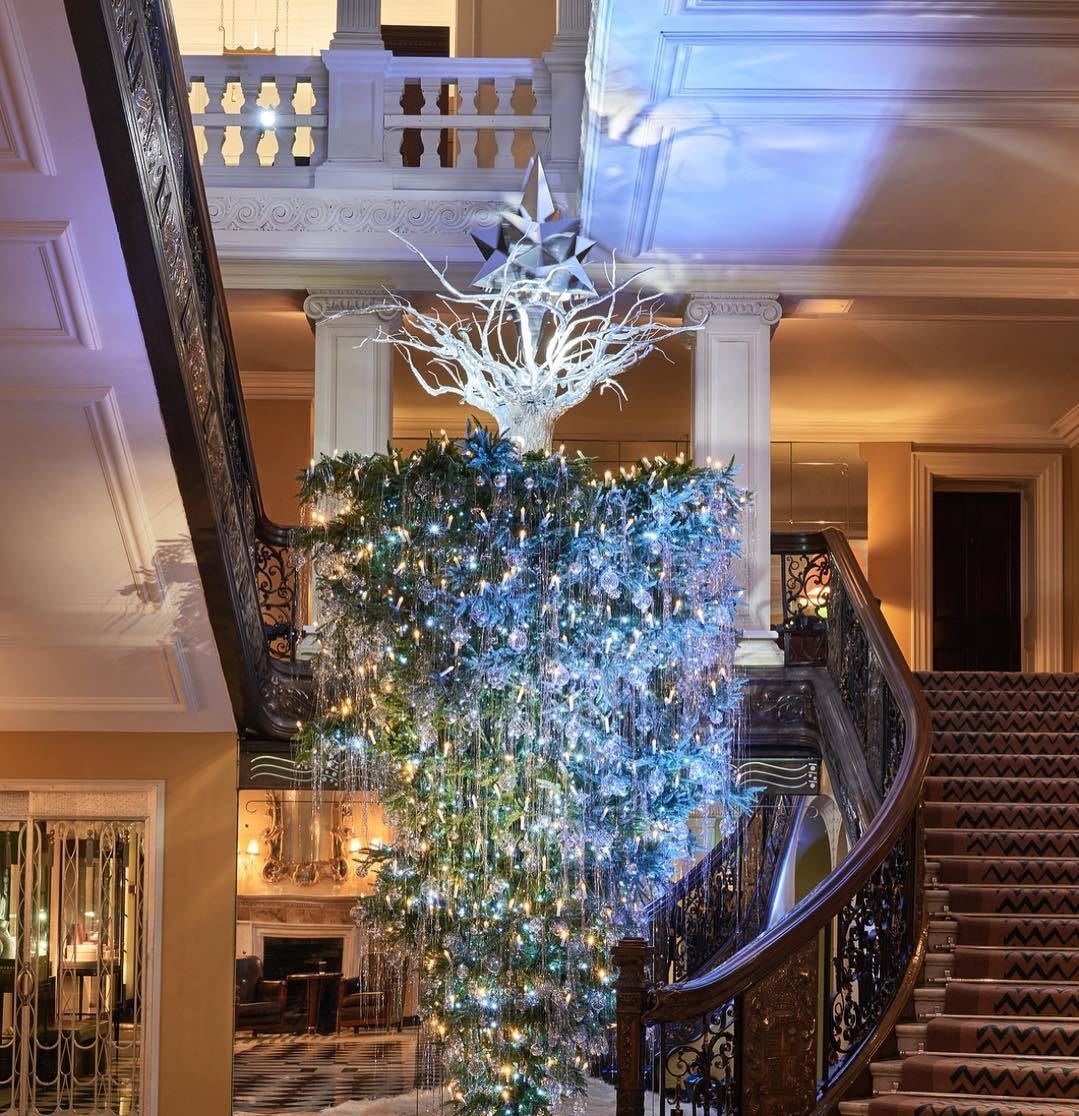 A Christmas tree suspended upside-down