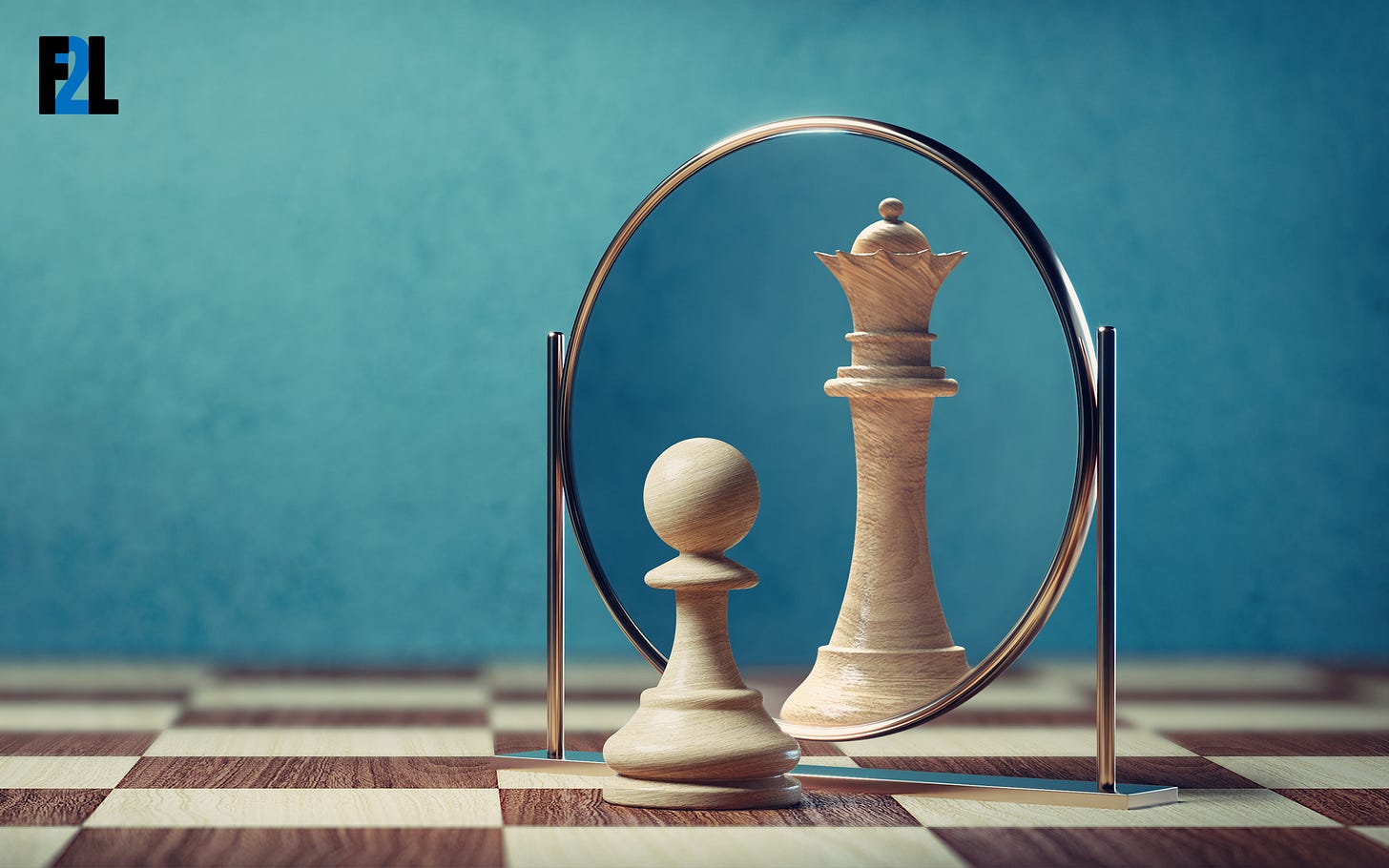 pawn in front of a mirror seeing himself as a king