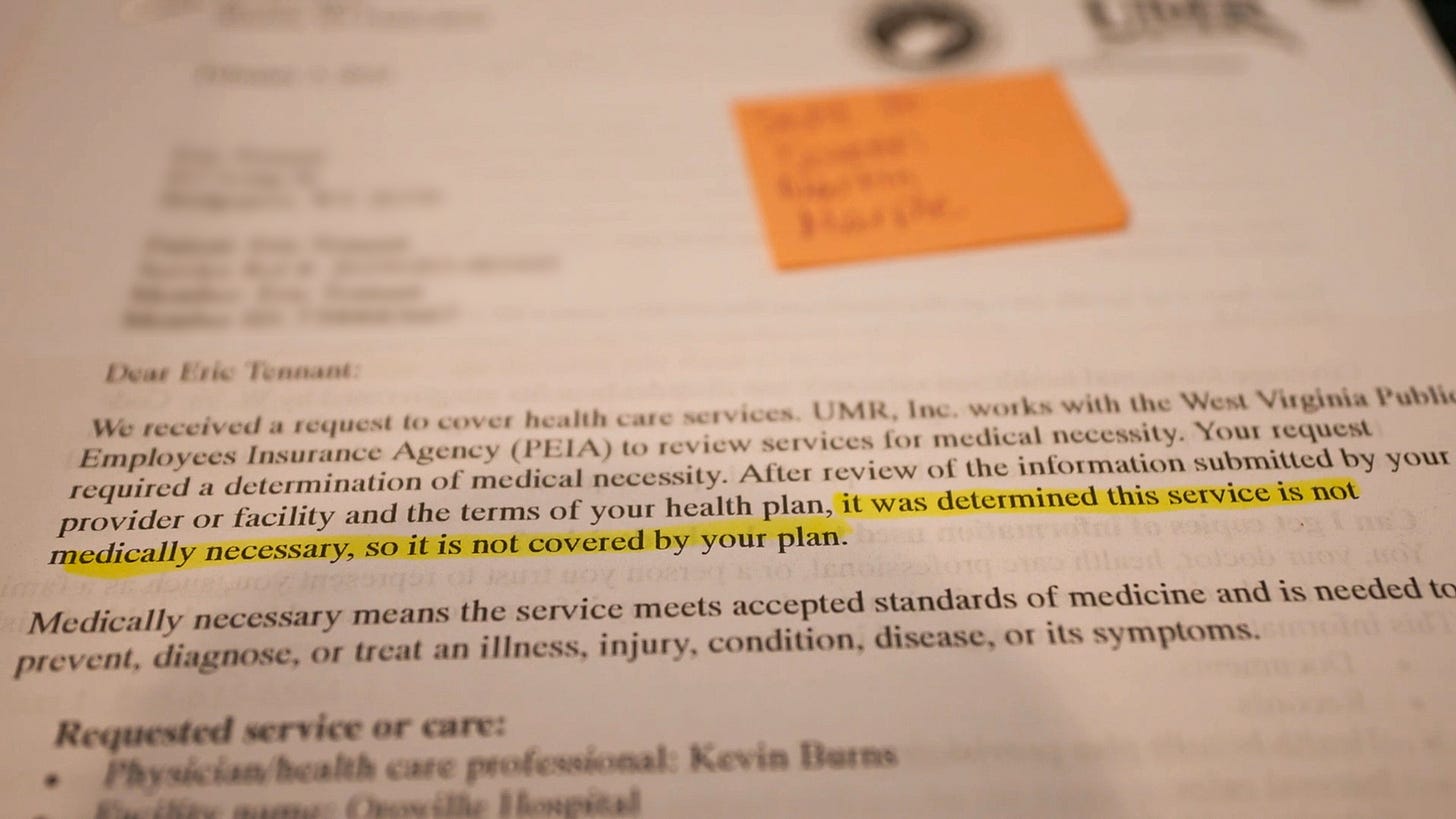 A photo of a denial letter with highlighted text that reads, "It was determined this service is not medically necessary, so it is not covered by your plan." A photo of a denial letter with highlighted text that reads, "It was determined this service is not medically necessary, so it is not covered by your plan."