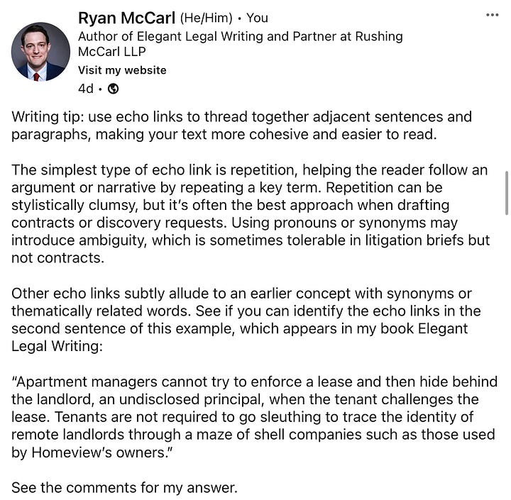 Ryan McCarl’s recent legal writing tips on LinkedIn