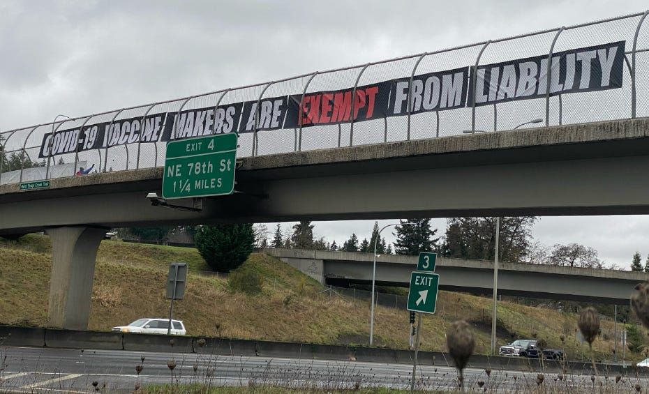 V is for Vaccine banners over Interstate 5 in Vancouver, WA in November 2020 just before the experimental COVID-19 shots were coerced onto the public V is for Vaccine banners over Interstate 5 in Vancouver, WA in November 2020 just before the experimental COVID-19 shots were coerced onto the public