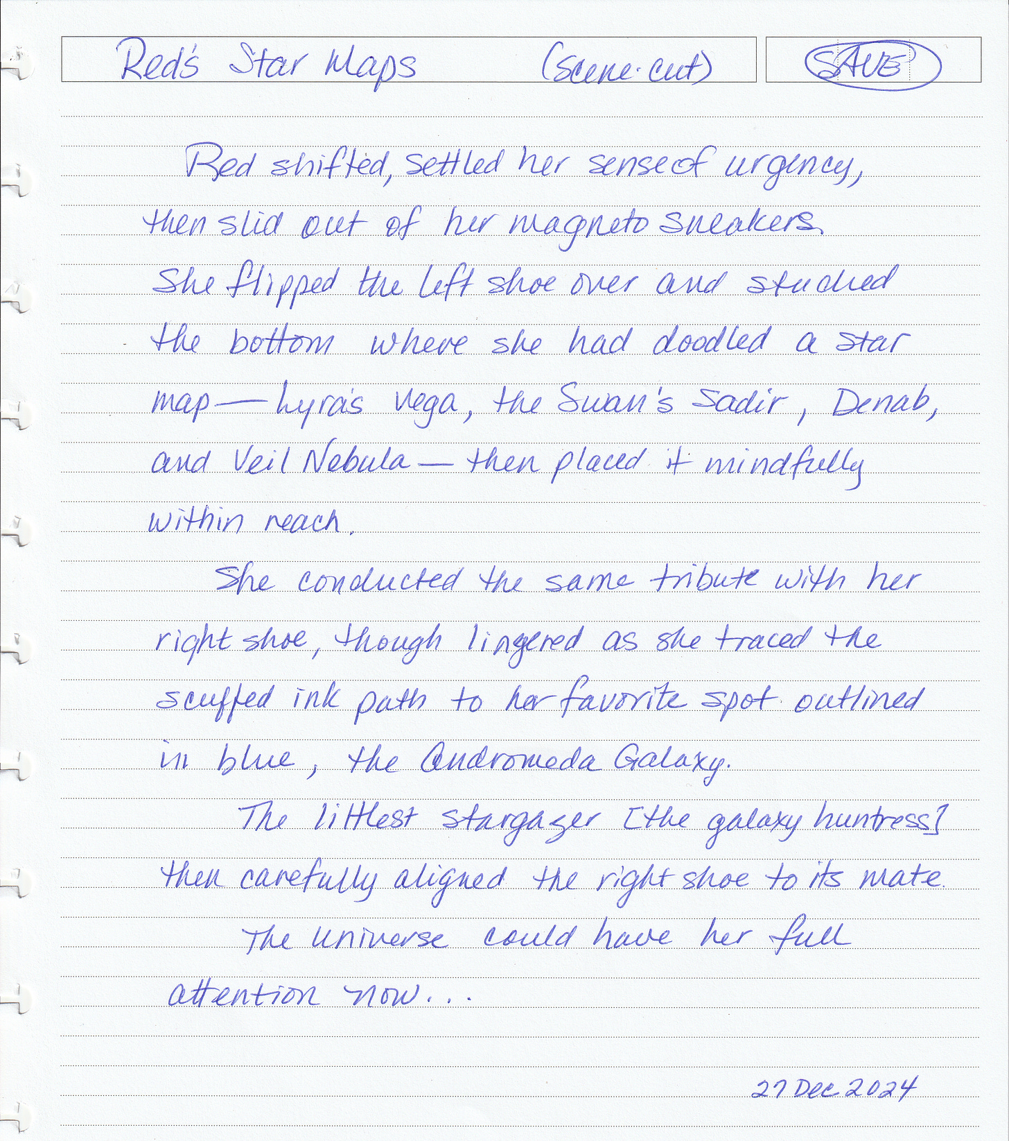 Handwritten excerpt titled 'Red’s Star Maps (Scene-cut)' written in blue ink. The scene describes Red removing her magneto sneakers and studying the star maps she doodled on the soles, including constellations like Lyra, Deneb, and Andromeda. The handwriting adds a personal, intimate feel to Red’s quiet ritual before she listens to the stars.