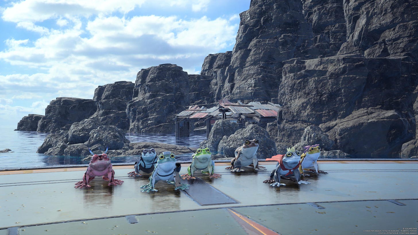 FF7 Rebirth screenshot: Cloud and his friends as frogs.