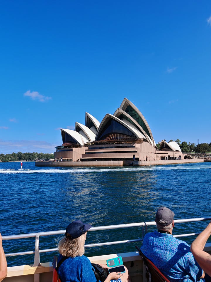 L: The Sydney Opera House seen from the water on a ferry. R: A koala fast asleep on a tree.