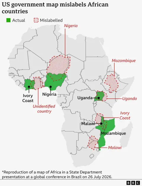 Map of Africa showing the real locations of Ivory Coast, Nigeria, Uganda, Mozambique and Malawi and the locations as given by the map in the US presentation. Map of Africa showing the real locations of Ivory Coast, Nigeria, Uganda, Mozambique and Malawi and the locations as given by the map in the US presentation.
