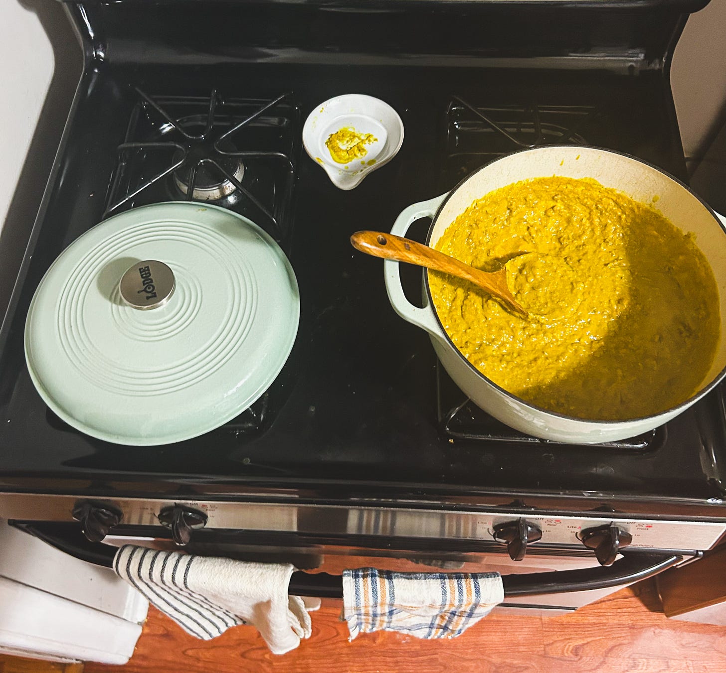 Picture shows' the Dahl made in her dutch oven on her countertop with a wooden spoon scooping it out. 