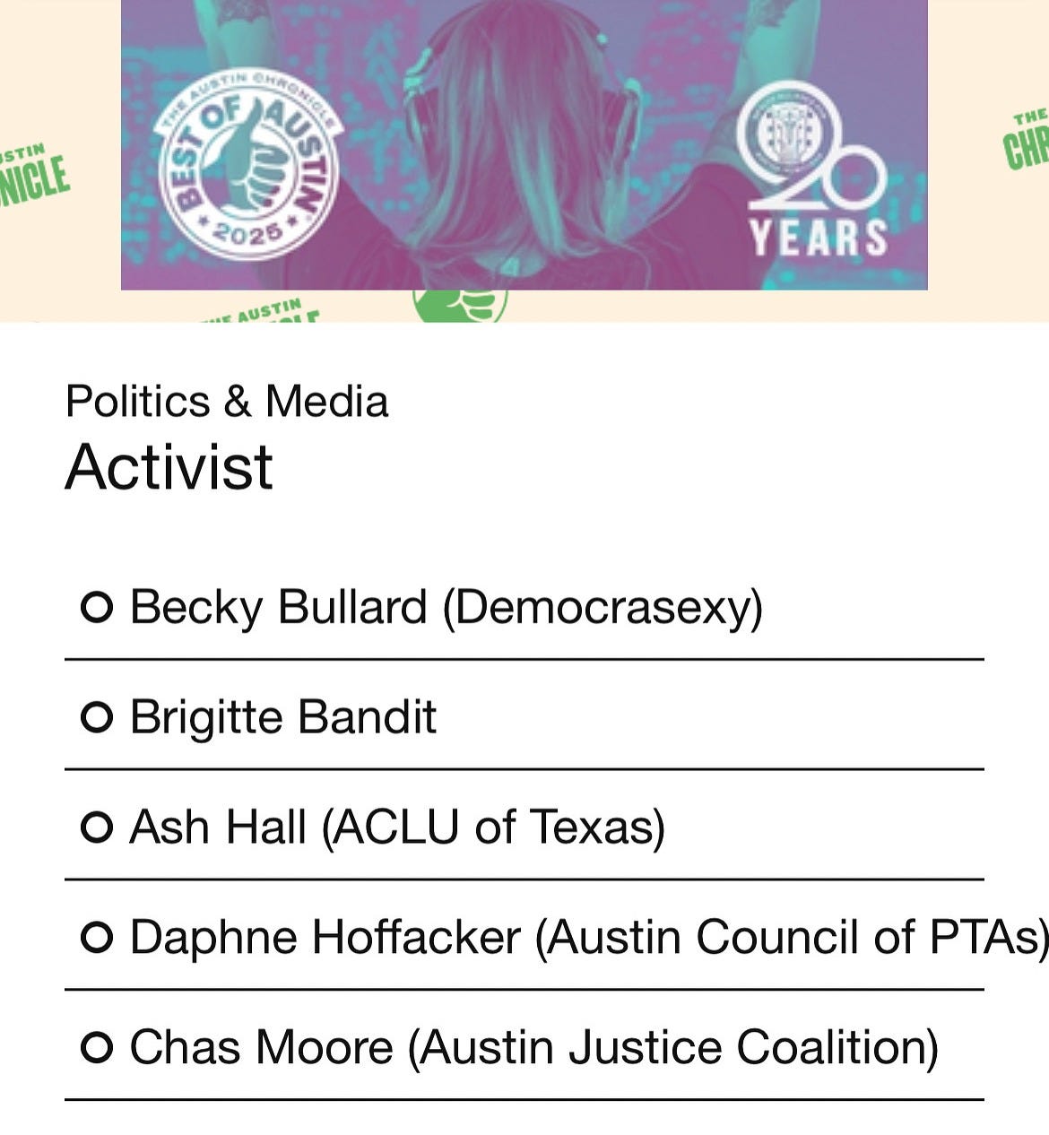 Screenshot of the Best of Austin Politics & Media: Activist category. Becky Bullard (Democrasexy), Brigitte Bandit, Ash Hall (ACLU of Texas), Daphne Hoffacker (Austin Council of PTAs), Chas Moore (Austin Justice Coalition)