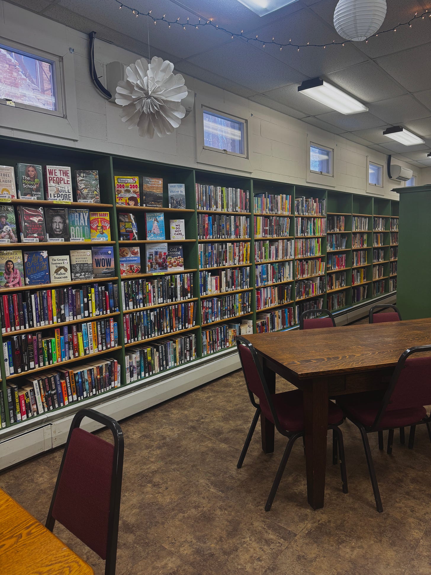 A wall of shelving showing neatly arranged books