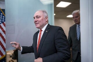 FILE - House Majority Leader Steve Scalise, R-La., joined at right by Majority Whip Tom Emmer, R-Minn., arrives for a news conference at the Capitol in Washington, Tuesday, June 6, 2023. Scalise has been diagnosed with blood cancer.(AP Photo/J. Scott Applewhite) FILE - House Majority Leader Steve Scalise, R-La., joined at right by Majority Whip Tom Emmer, R-Minn., arrives for a news conference at the Capitol in Washington, Tuesday, June 6, 2023. Scalise has been diagnosed with blood cancer.(AP Photo/J. Scott Applewhite)