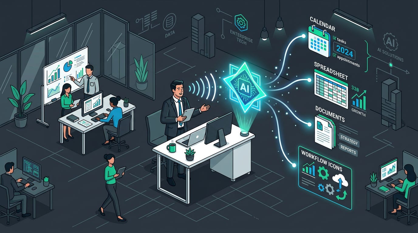 Flat isometric illustration of a business executive speaking toward a glowing AI assistant hovering beside a desk, voice waves connecting the assistant to a calendar, spreadsheet, documents and background workflow icons, small office figures continuing their work around the scene, dark charcoal background, clean vector art style, bold green, blue and white accents, modern enterprise technology editorial aesthetic Flat isometric illustration of a business executive speaking toward a glowing AI assistant hovering beside a desk, voice waves connecting the assistant to a calendar, spreadsheet, documents and background workflow icons, small office figures continuing their work around the scene, dark charcoal background, clean vector art style, bold green, blue and white accents, modern enterprise technology editorial aesthetic