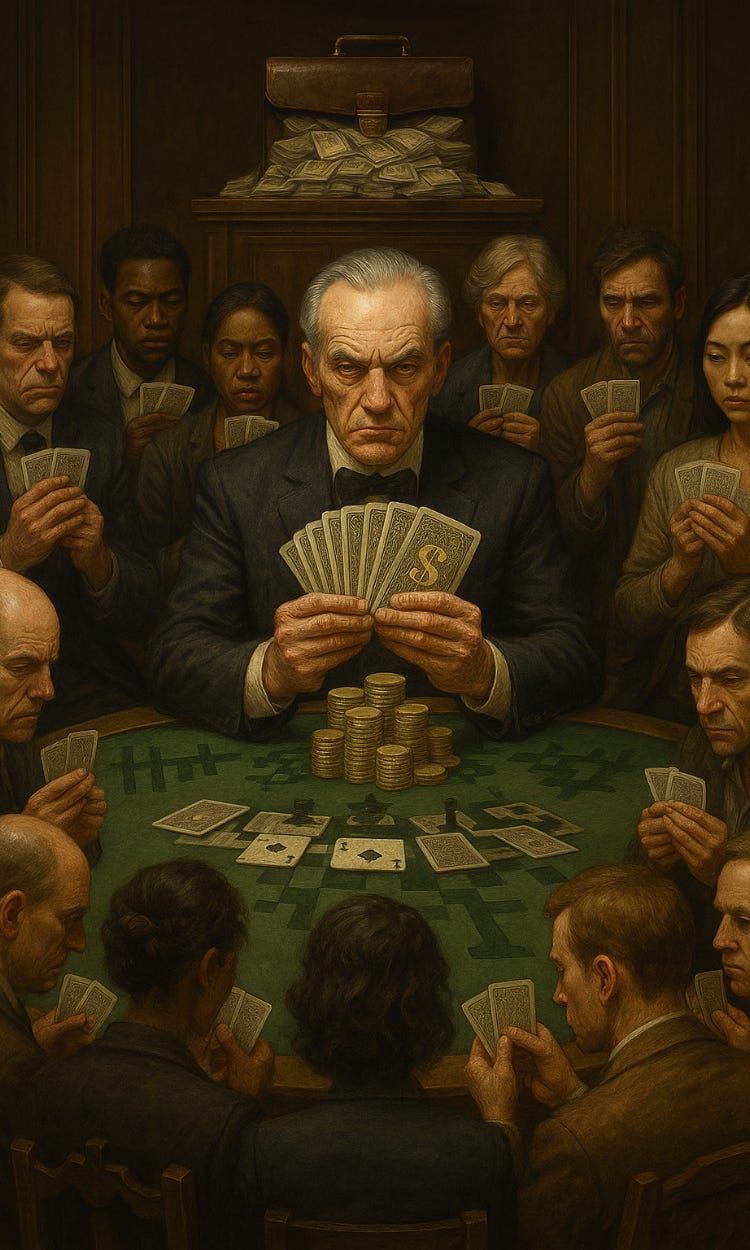 A dark, hyperrealistic painting of a tense poker game. At the centre sits an older man with a steely expression, holding a hand of cards emblazoned with dollar signs, piles of gold coins before him. Surrounding him are somber men and women from all walks of life, holding their cards close, hiding their expressions behind poker faces. A briefcase stuffed with cash looms behind the central figure, symbolising wealth, control, and power. The scene evokes themes of inequality, manipulation, and the rigged nature of societal structures.