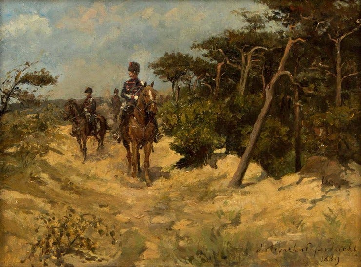 'Huzaren in de duinen' - olieverf op doek: Jan Hoynck van Papendrecht (Onder de boompjes lot 40)