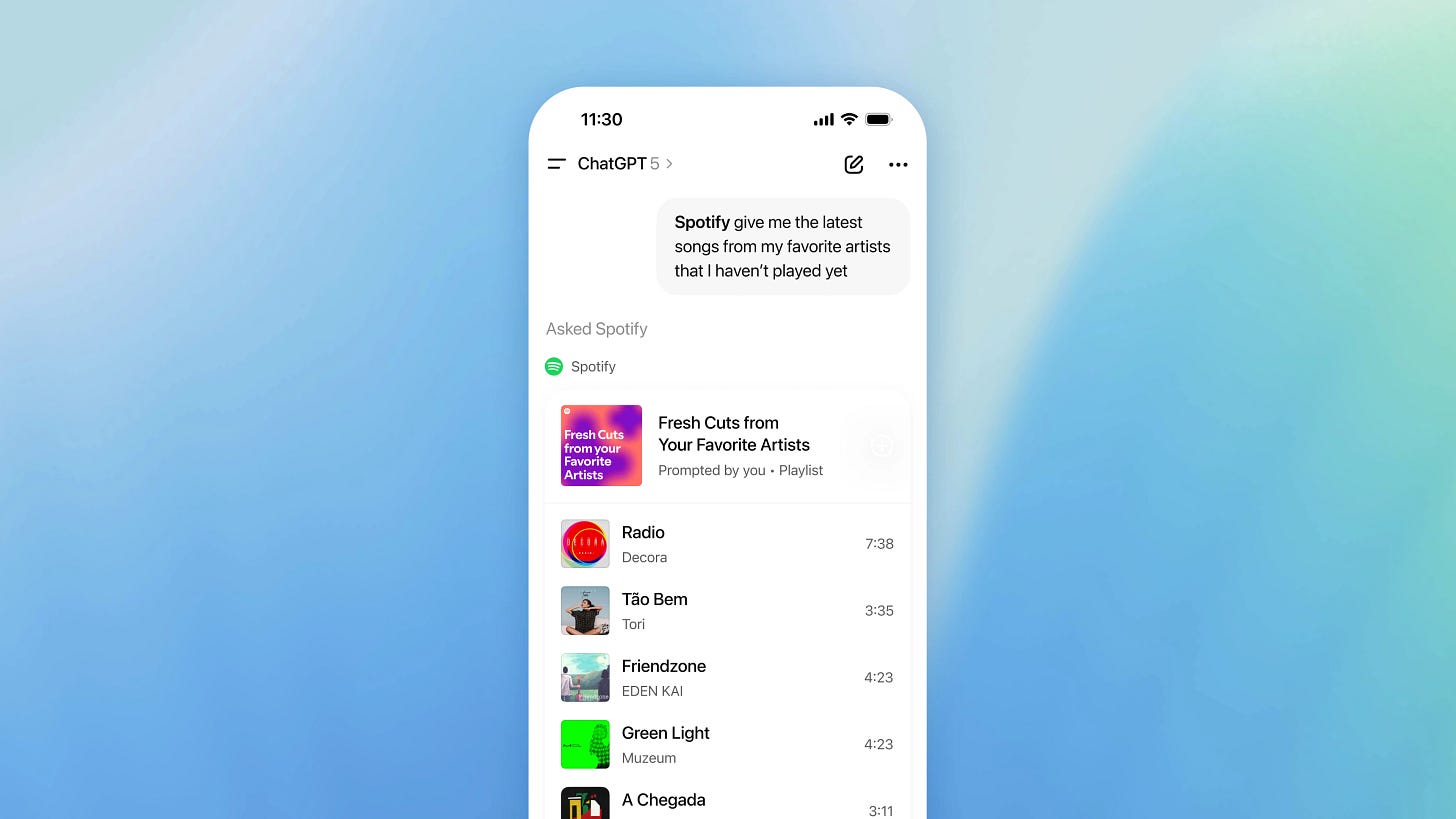 Mobile screen showing a ChatGPT conversation with a Spotify integration. The user asks, ‘Give me the latest songs from my favorite artists that I haven’t played yet.’ Spotify responds with a personalized playlist titled ‘Fresh Cuts from Your Favorite Artists,’ followed by a list of songs including ‘Radio’ by Decora, ‘Tão Bem’ by Tori, and ‘Friendzone’ by EDEN KAI.