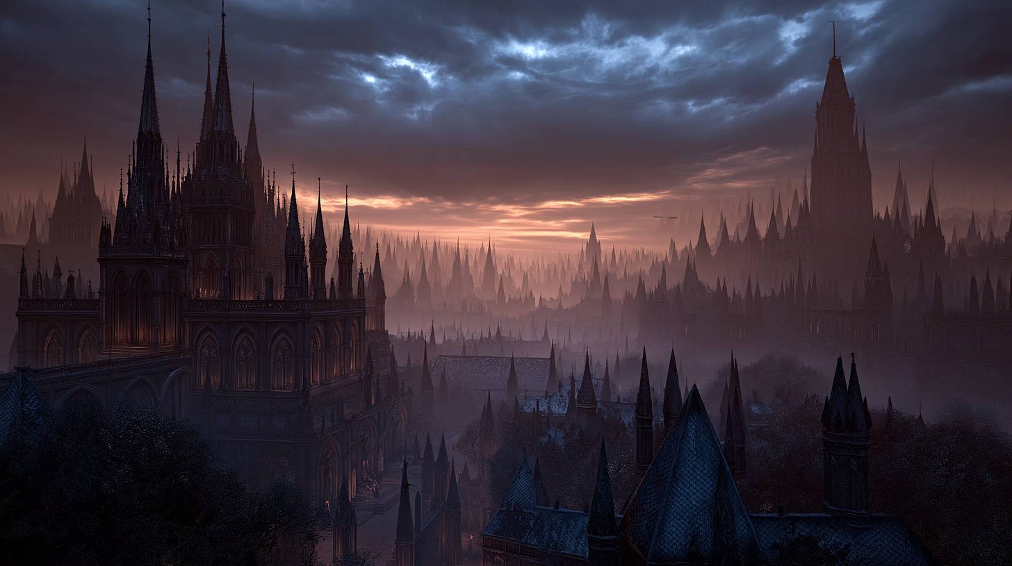A sprawling gothic city at dusk, filled with towering cathedral-like spires fading into mist, under a dramatic sky of dark clouds lit by warm sunset light.