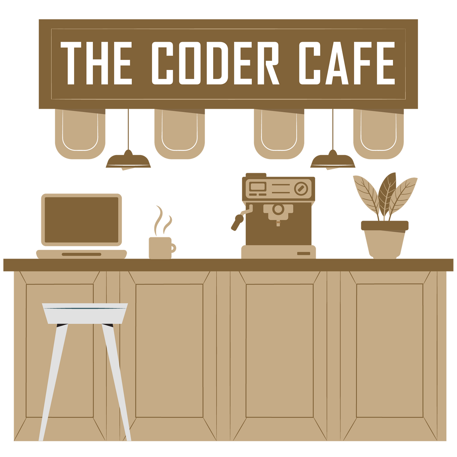 Warm beige and brown logo showing a café counter with a stool, laptop, coffee machine, and potted plant. Above the counter hangs a sign with bold text: “THE CODER CAFE.”