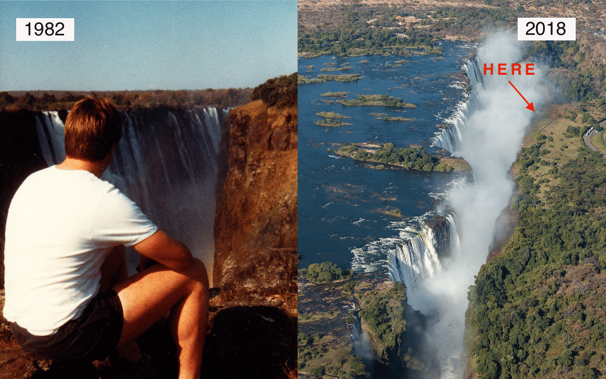 LEFT: Me at Victoria Falls, Zimbabwe, looking across to Zambia in 1982: RIGHT: the same spot in 2018. LEFT: Me at Victoria Falls, Zimbabwe, looking across to Zambia in 1982: RIGHT: the same spot in 2018.