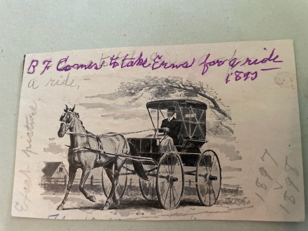 Cut-out illustration of a man driving a horse-drawn carriage, labeled in pen and pencil: "B.F. comes to take Erna for a ride, 1895", "Exact picture", "1897-1898"