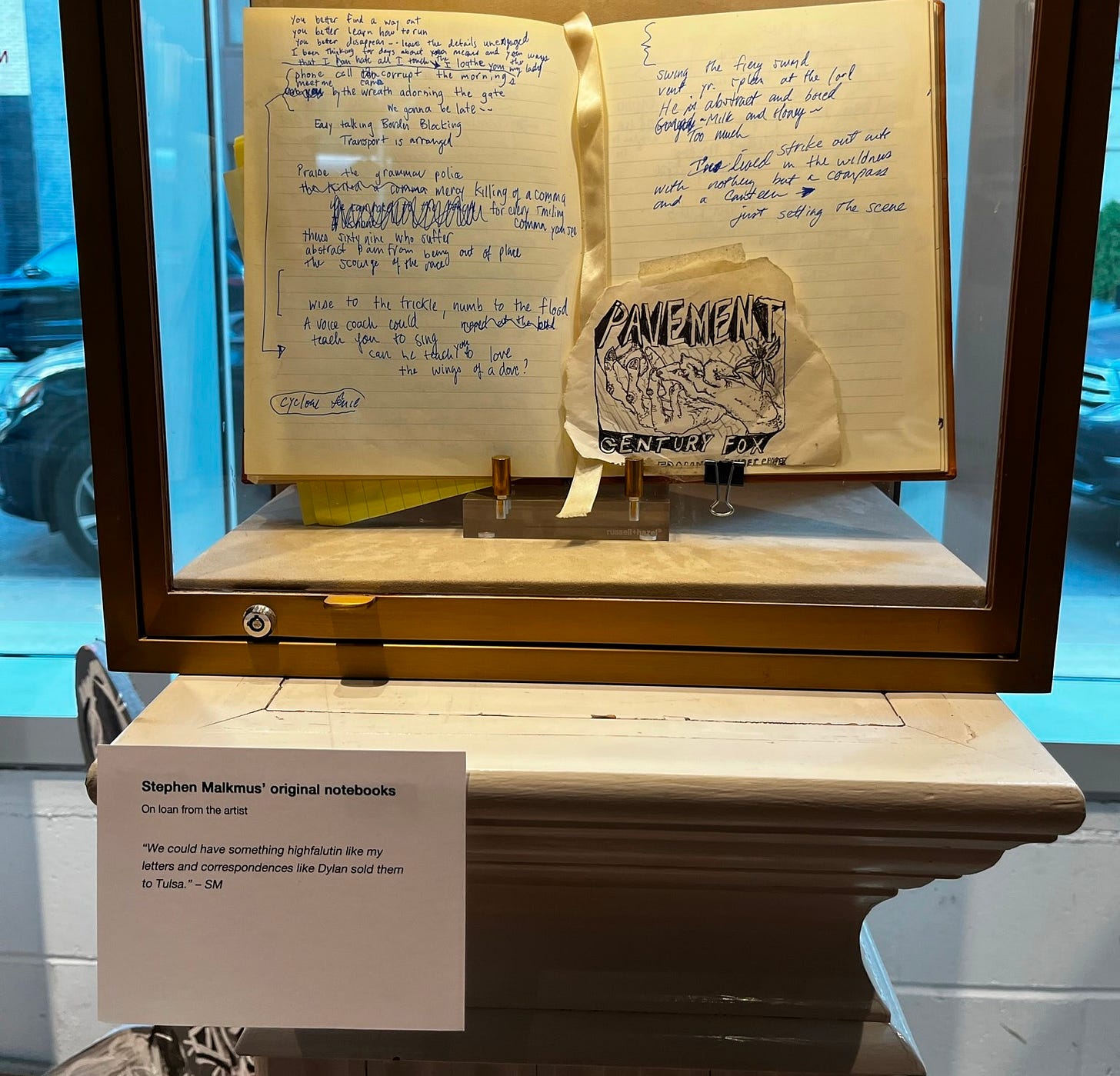 Malkmus' journals under glass at an art show in Soho, 2022