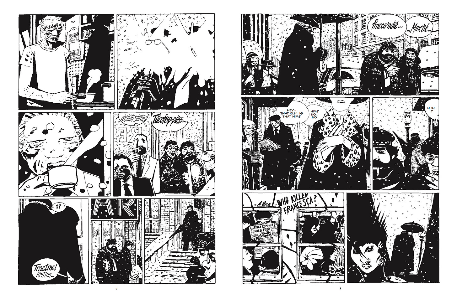 IMAGE: Illustrated spread with black and white character drawings by José Muñoz.