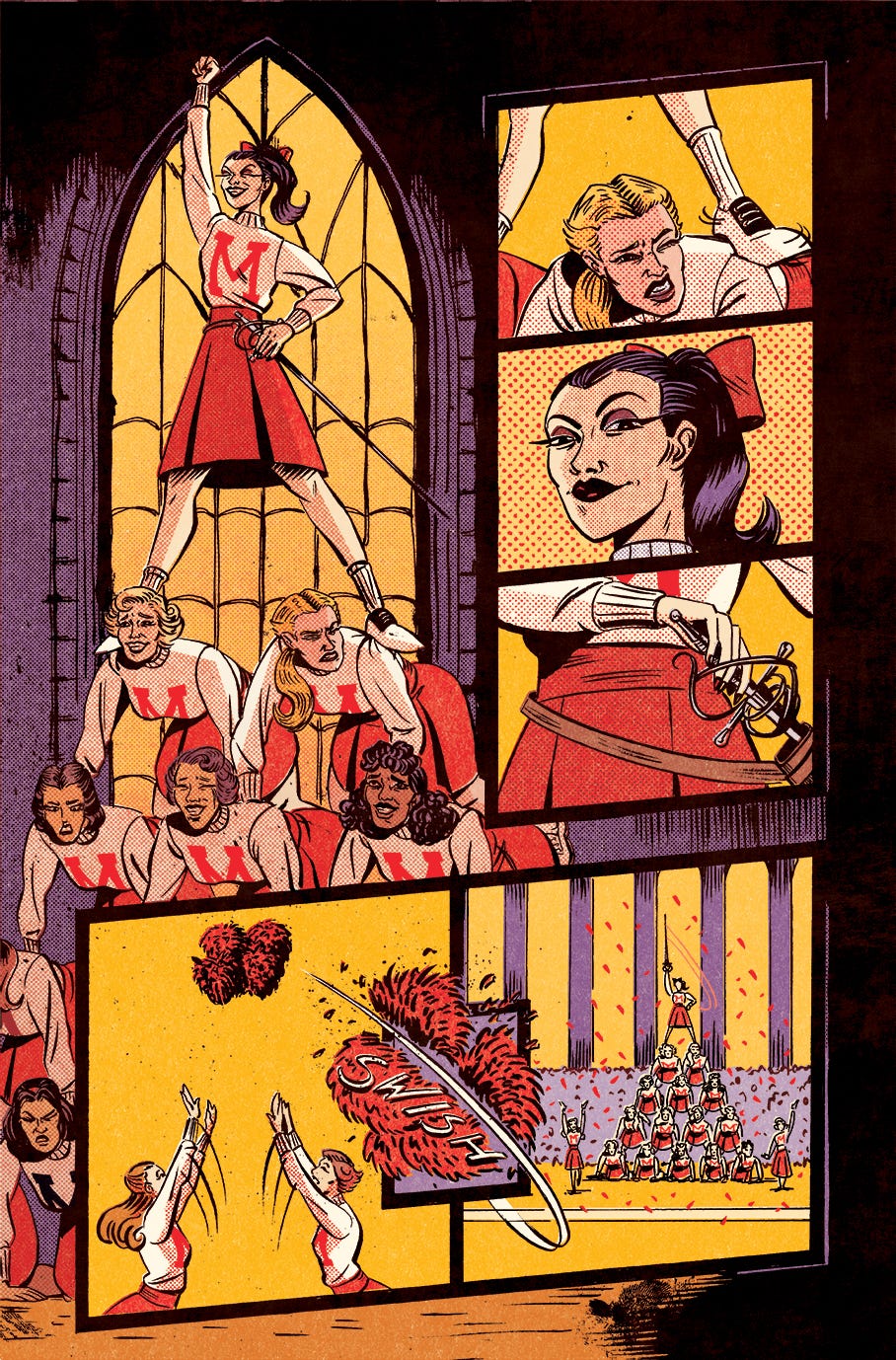 Page 1 of BLOOD HONEY. An evil-looking cheerleader stands atop a human pyramid of other cheerleaders. The head cheerleader carries a rapier sword. As the cheerleaders finish their chant, a pair of pompoms are thrown into the air. The head cheerleader unsheathes her sword and slices them into confetti.