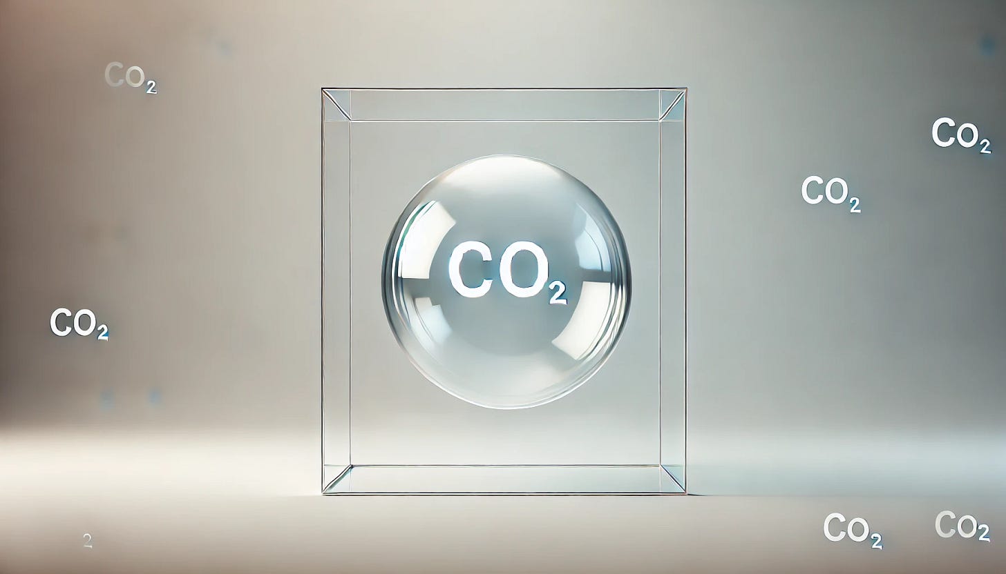 A simple landscape-oriented image of a single transparent bubble floating in a plain, light-colored background. Inside the bubble, the chemical symbol 'CO₂' is clearly visible in a bold, clean font. The overall style is minimalist, modern, and clean, focusing on the concept of encapsulating CO₂ within the bubble.