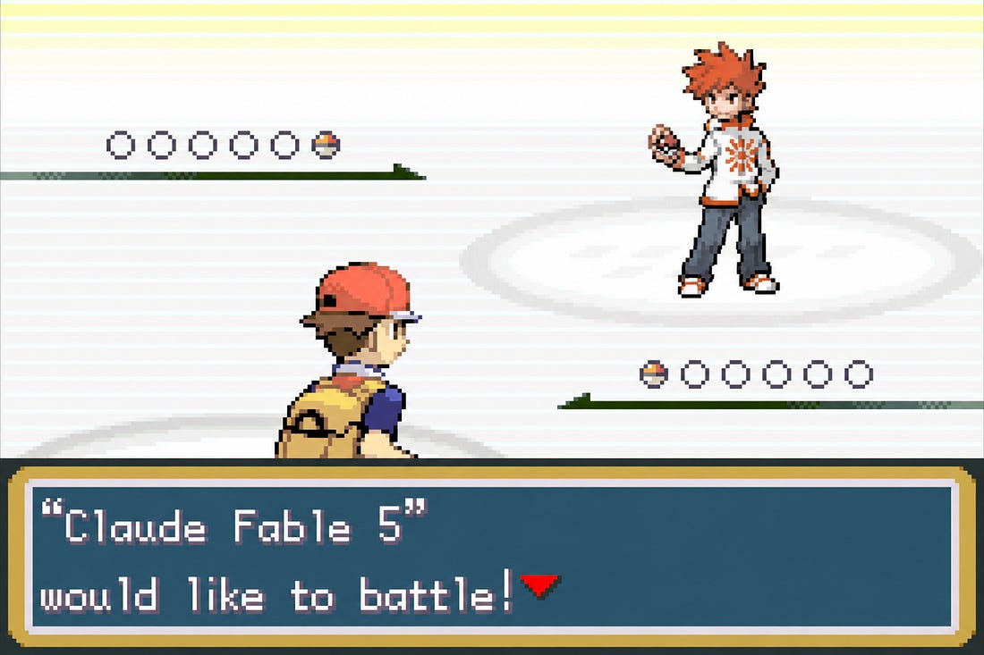 Retro Pokémon-style battle screen showing a Claude-themed rival trainer, with the dialogue: “Claude Fable 5” would like to battle!