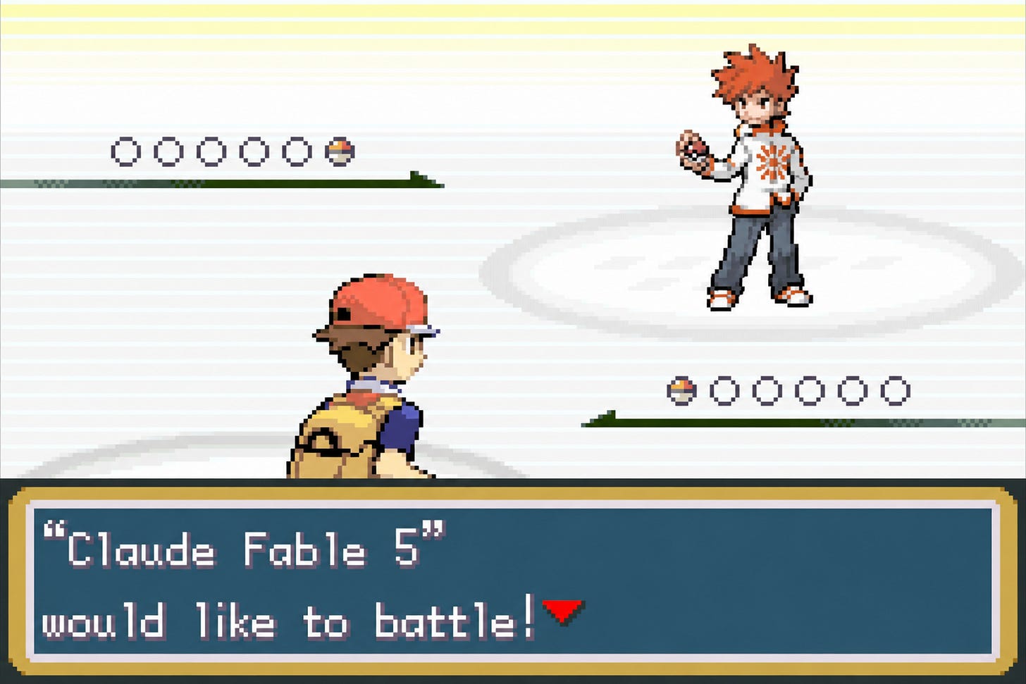 Retro Pokémon-style battle screen showing a Claude-themed rival trainer, with the dialogue: “Claude Fable 5” would like to battle!