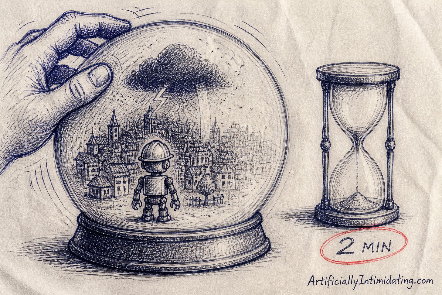 A small plain hard-hat robot stands inside a snow globe holding a miniature stormy town while a hand shakes it, beside an hourglass nearly out of sand labeled 2 MIN, circled in red. A small plain hard-hat robot stands inside a snow globe holding a miniature stormy town while a hand shakes it, beside an hourglass nearly out of sand labeled 2 MIN, circled in red.