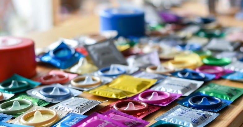 A photograph of various condoms on a table, illustrating China's condom tax policy in a documentary style. A photograph of various condoms on a table, illustrating China's condom tax policy in a documentary style.