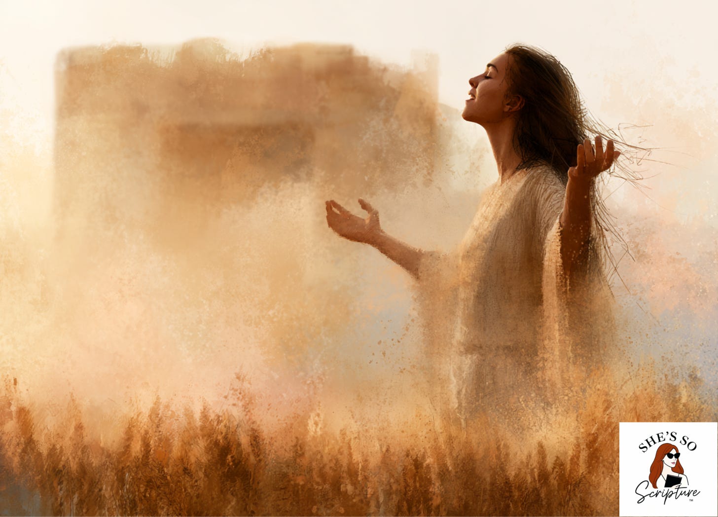 A woman stands in a wheat field at golden hour with open hands held upward, a stone altar visible in the background, evoking the Shavuot harvest offering and the posture of open-handed trust. A woman stands in a wheat field at golden hour with open hands held upward, a stone altar visible in the background, evoking the Shavuot harvest offering and the posture of open-handed trust.