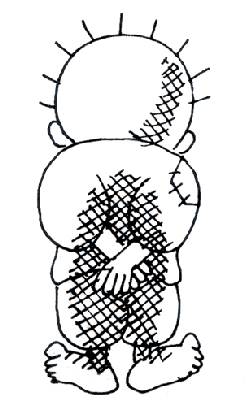 Black and white line drawing of Handala, a symbol of Palestinian refugees