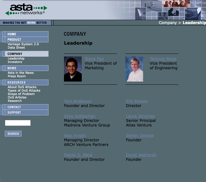 The Asta Networks company leadership page with just two management team members, plus company founders and Board members