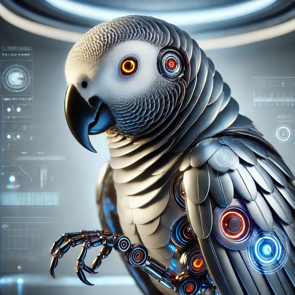 Stylized portrait of a mechanical African Grey parrot with metallic feathers and glowing eyes, representing o2, an AI character from World Beyond the Song.