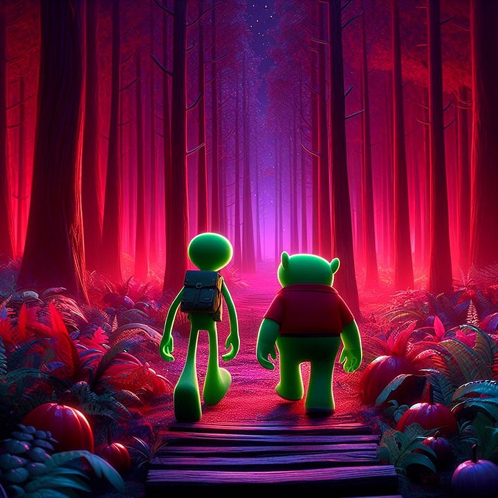 Create an image of two green men walking through enchanted forest at night in the style of pixar movies with red and purple color scheme