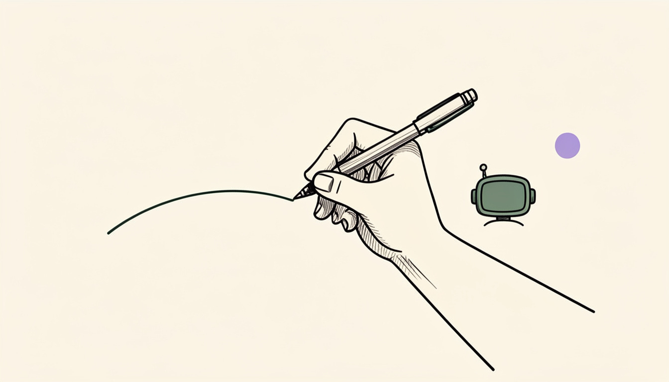 A line drawing of a human hand holding a pen, drawing a smooth confident curved line across a cream background. Following slightly behind and to the right, a small sage green robot from the cover illustration walks along the line at a smaller scale. A lavender dot sits in the upper right corner. Editorial illustration suggesting the human leads and the AI assists.