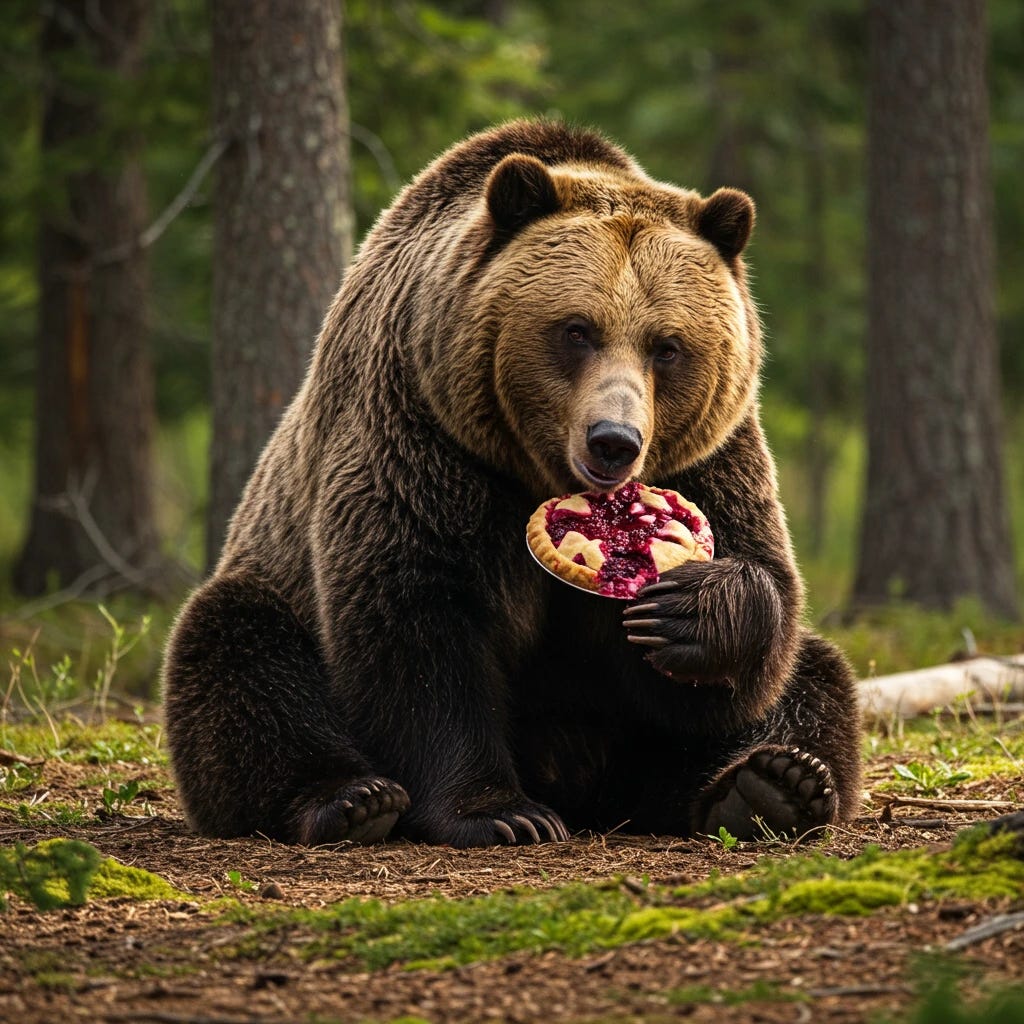 Grizzly bear eating huckleberry pie