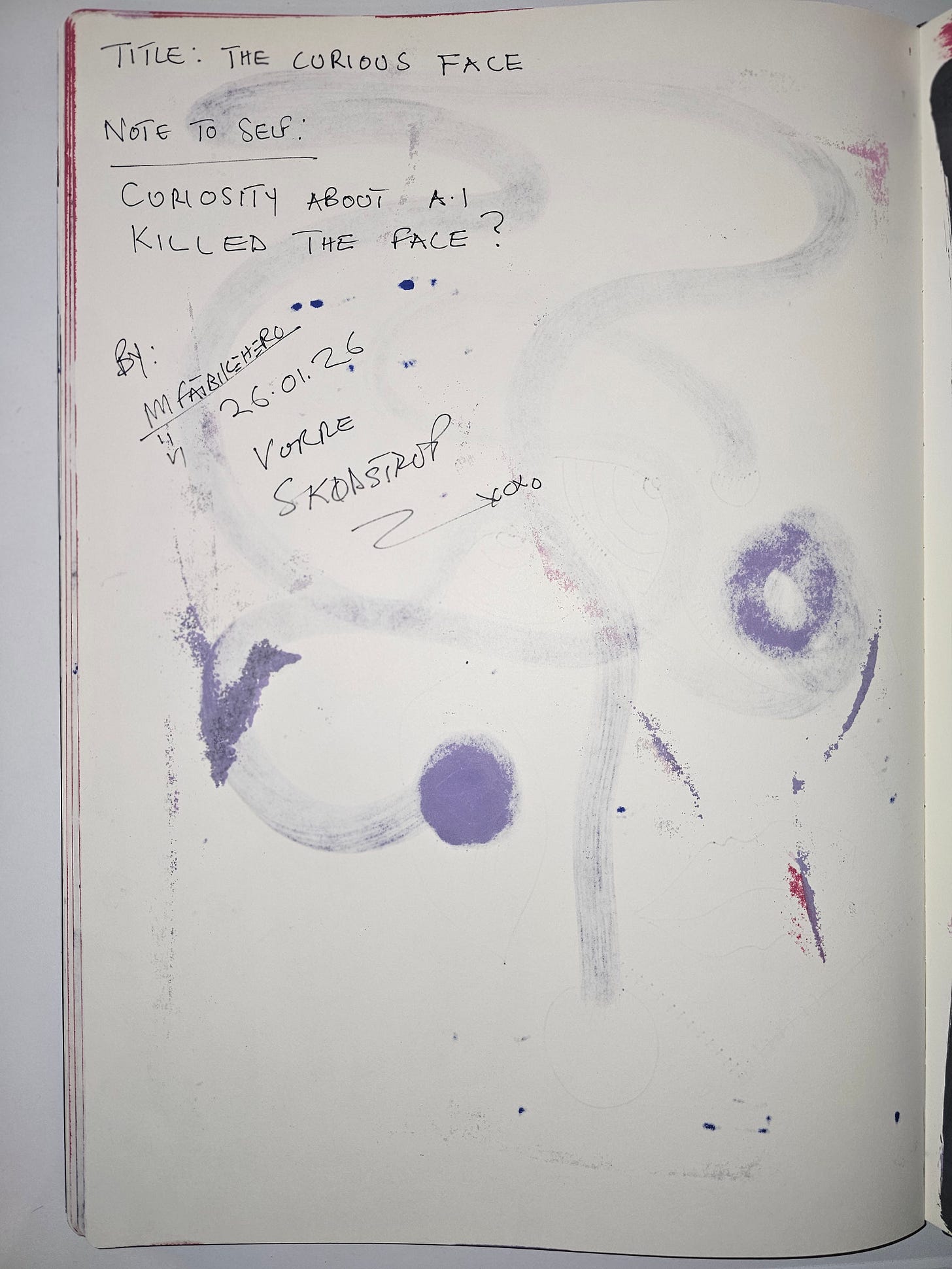 Handwritten notes and expressive marks on the verso of a human-made artwork critiquing AI subscription culture by FatbikeHero. Handwritten notes and expressive marks on the verso of a human-made artwork critiquing AI subscription culture by FatbikeHero.