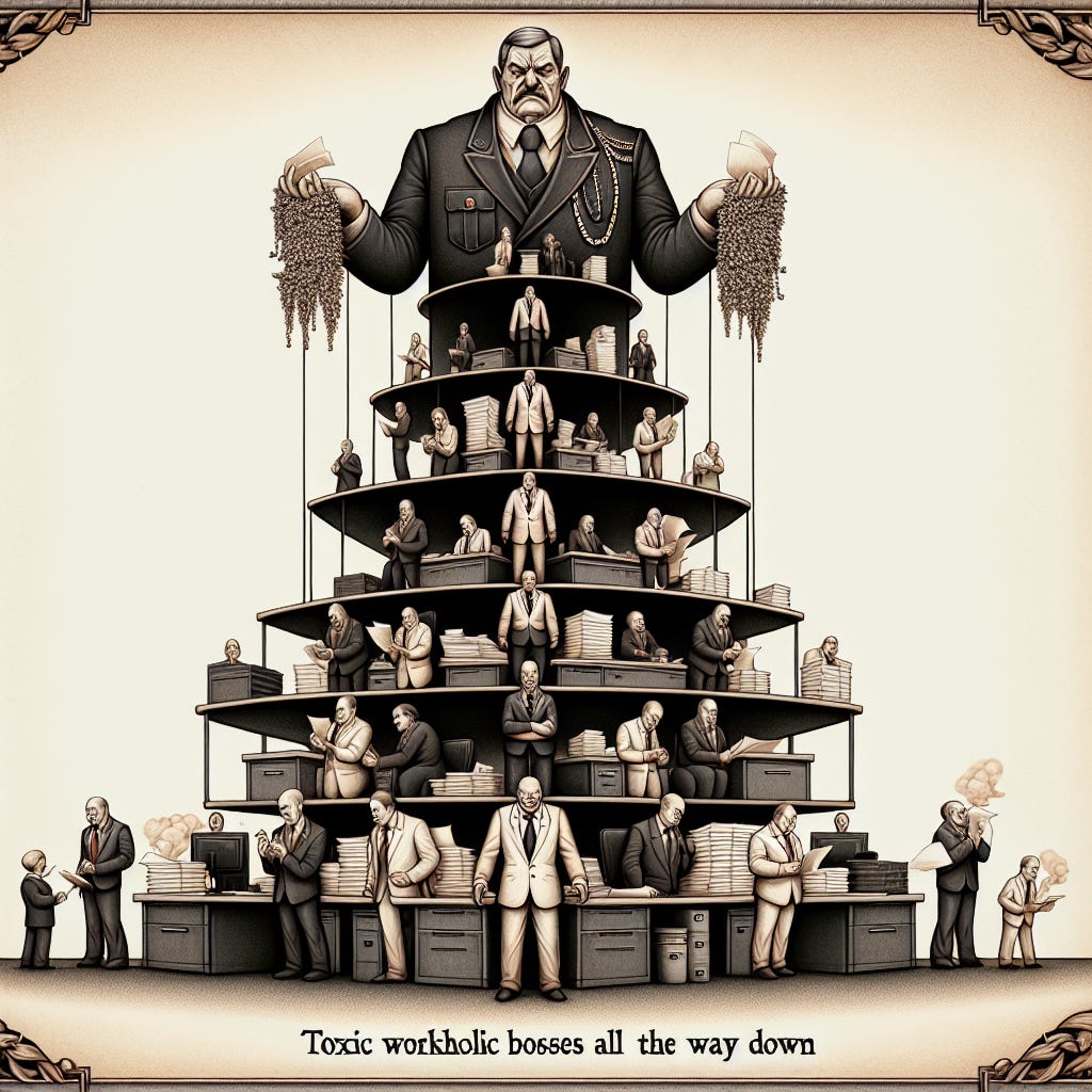 in the theme of "turtles all the way down," start an image that would show "toxic workaholic bosses all the way down." The underlying theory being that a bad boss hires people who are also bad bosses and the toxicity and awfulness of coworkers will carry down to the lowest levels of an organization.