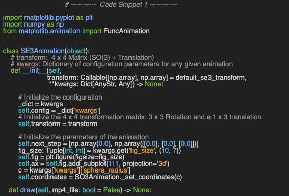 Implementation of the animation of a Special Euclidean space SE3 using matplotlib Implementation of the animation of a Special Euclidean space SE3 using matplotlib
