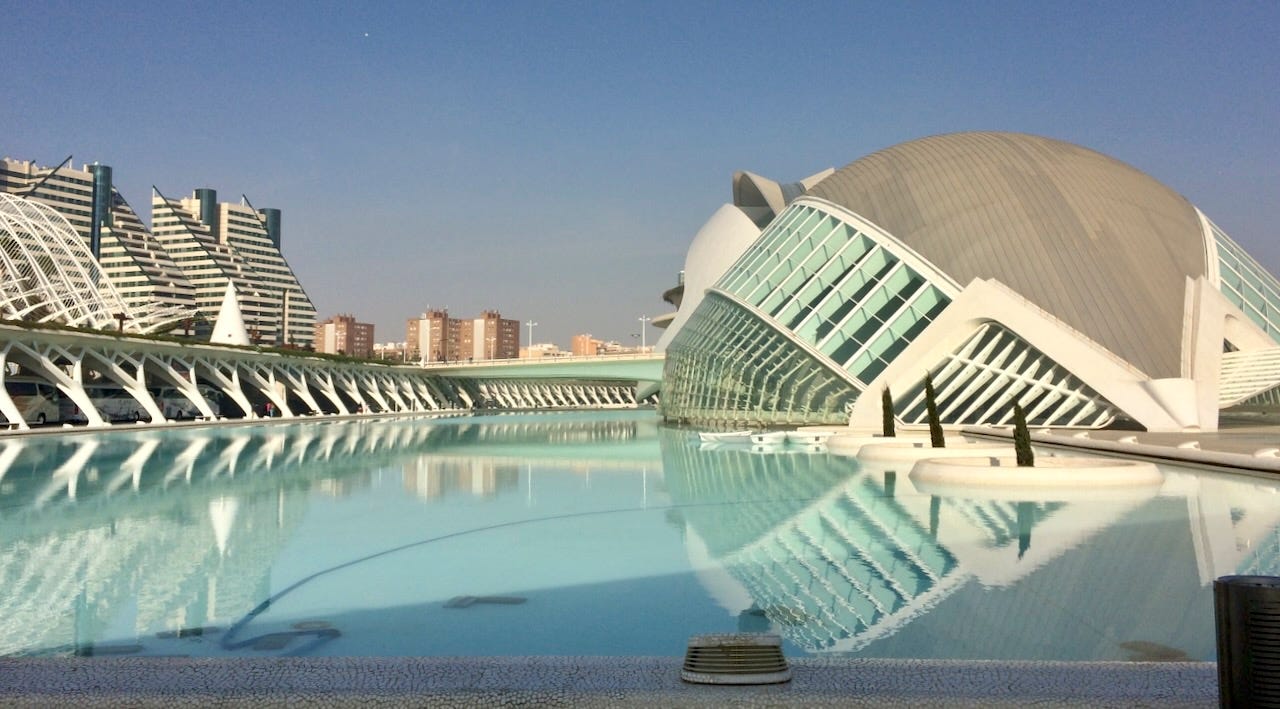Colour photograph of a view of the City of Arts and Sciences, Valencia